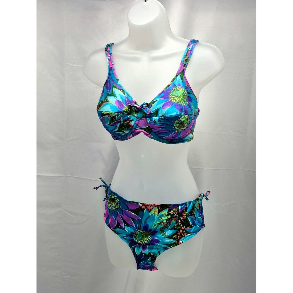 NWOT Charm Fit of Hollywood Sun Mates Bikini Set Tropical Floral Blue Purple 34D